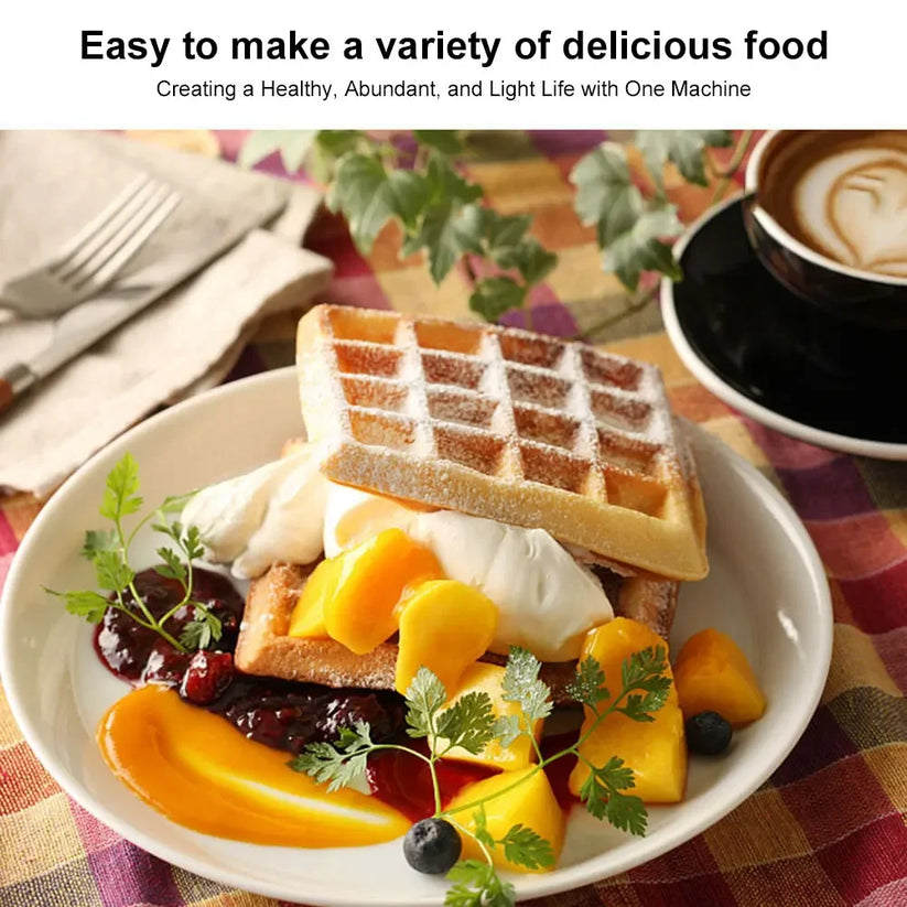 Electric waffle maker on a breakfast table